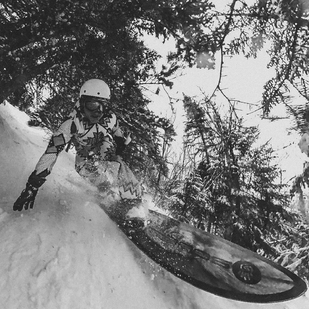 A man speeds downhill on a sled, surrounded by trees