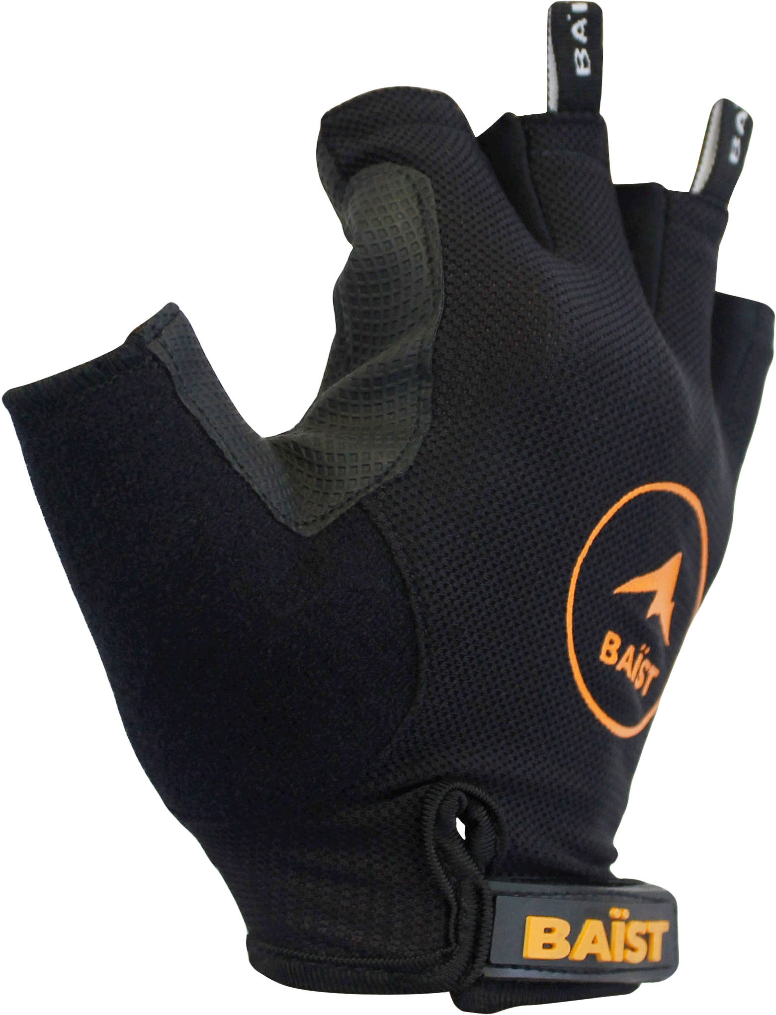 right hand fingerless black gloves with BAIST Logo